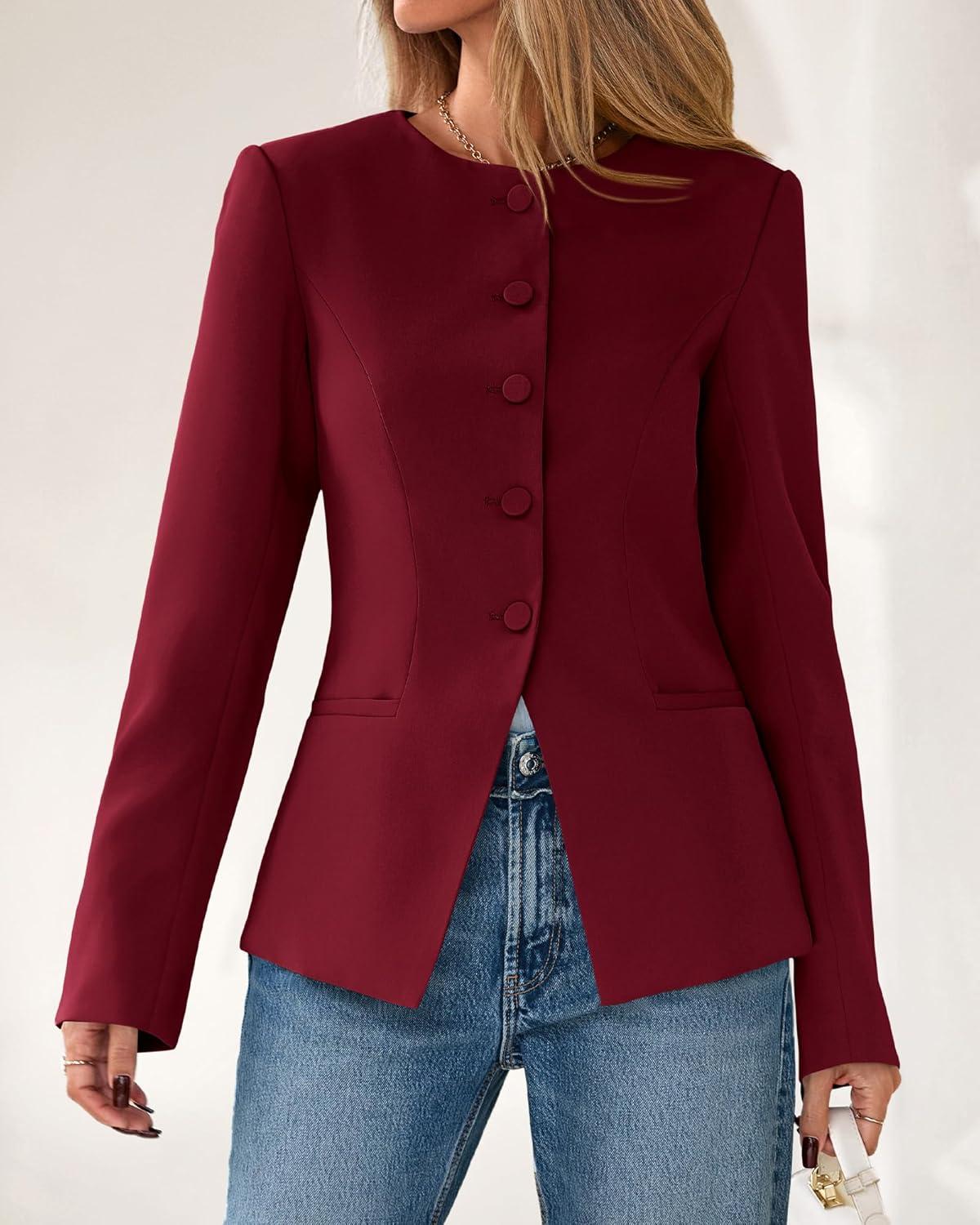 imageBTFBM Blazers for Women Business Casual Open Front Long Sleeve Button Work Office Suit Jackets Dressy Blazer PocketsBurgundy