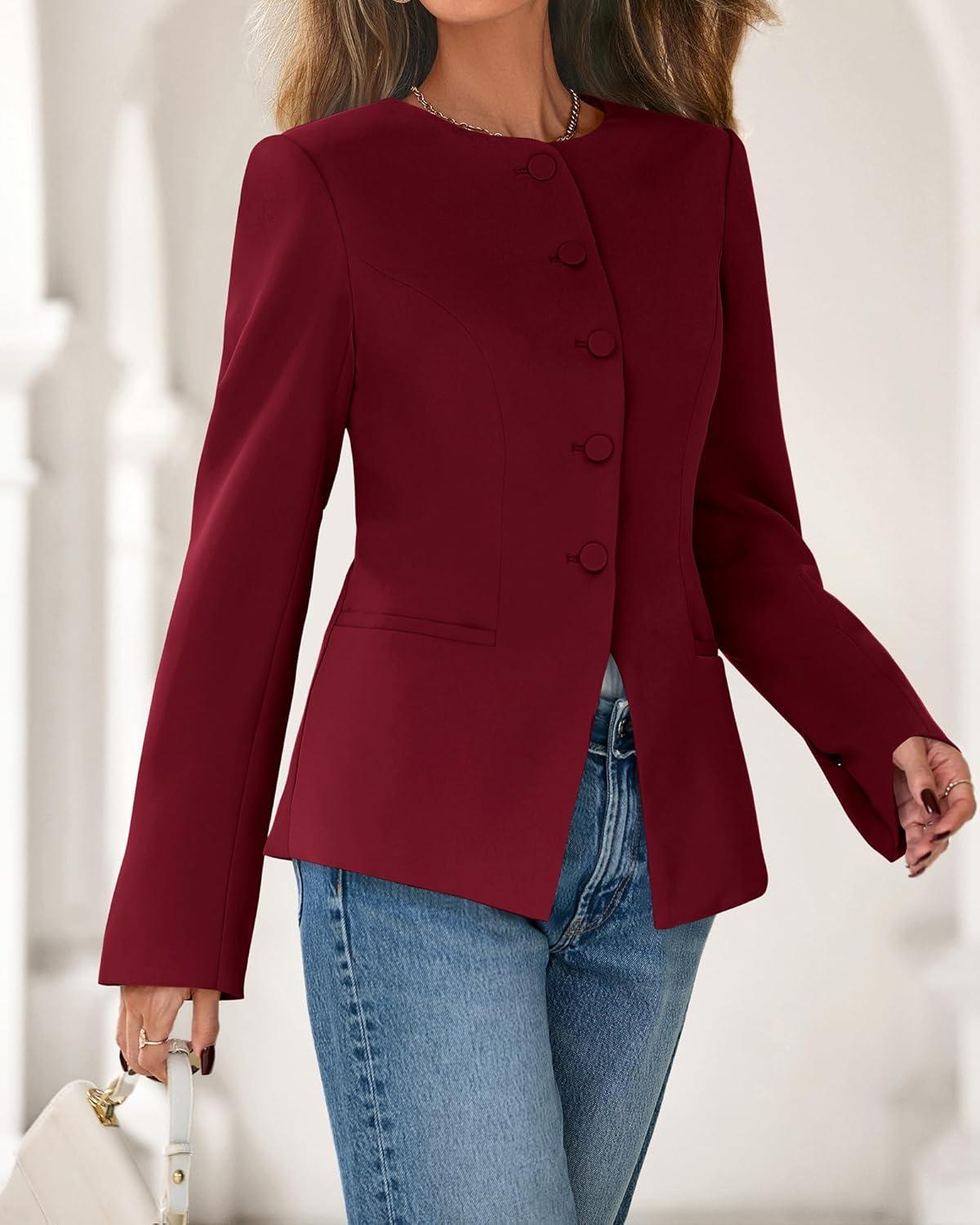 imageBTFBM Blazers for Women Business Casual Open Front Long Sleeve Button Work Office Suit Jackets Dressy Blazer PocketsBurgundy