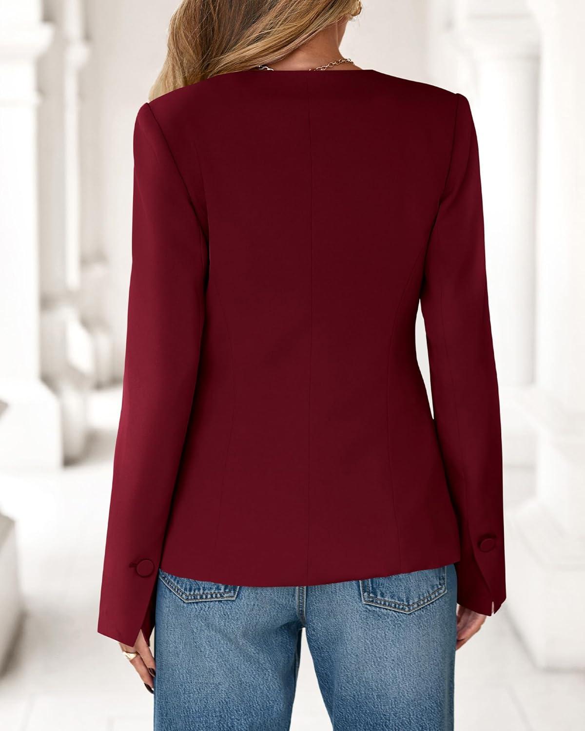 imageBTFBM Blazers for Women Business Casual Open Front Long Sleeve Button Work Office Suit Jackets Dressy Blazer PocketsBurgundy