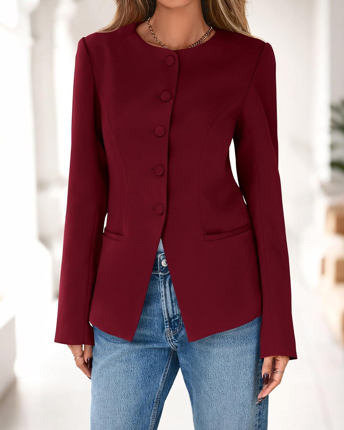 imageBTFBM Blazers for Women Business Casual Open Front Long Sleeve Button Work Office Suit Jackets Dressy Blazer PocketsBurgundy