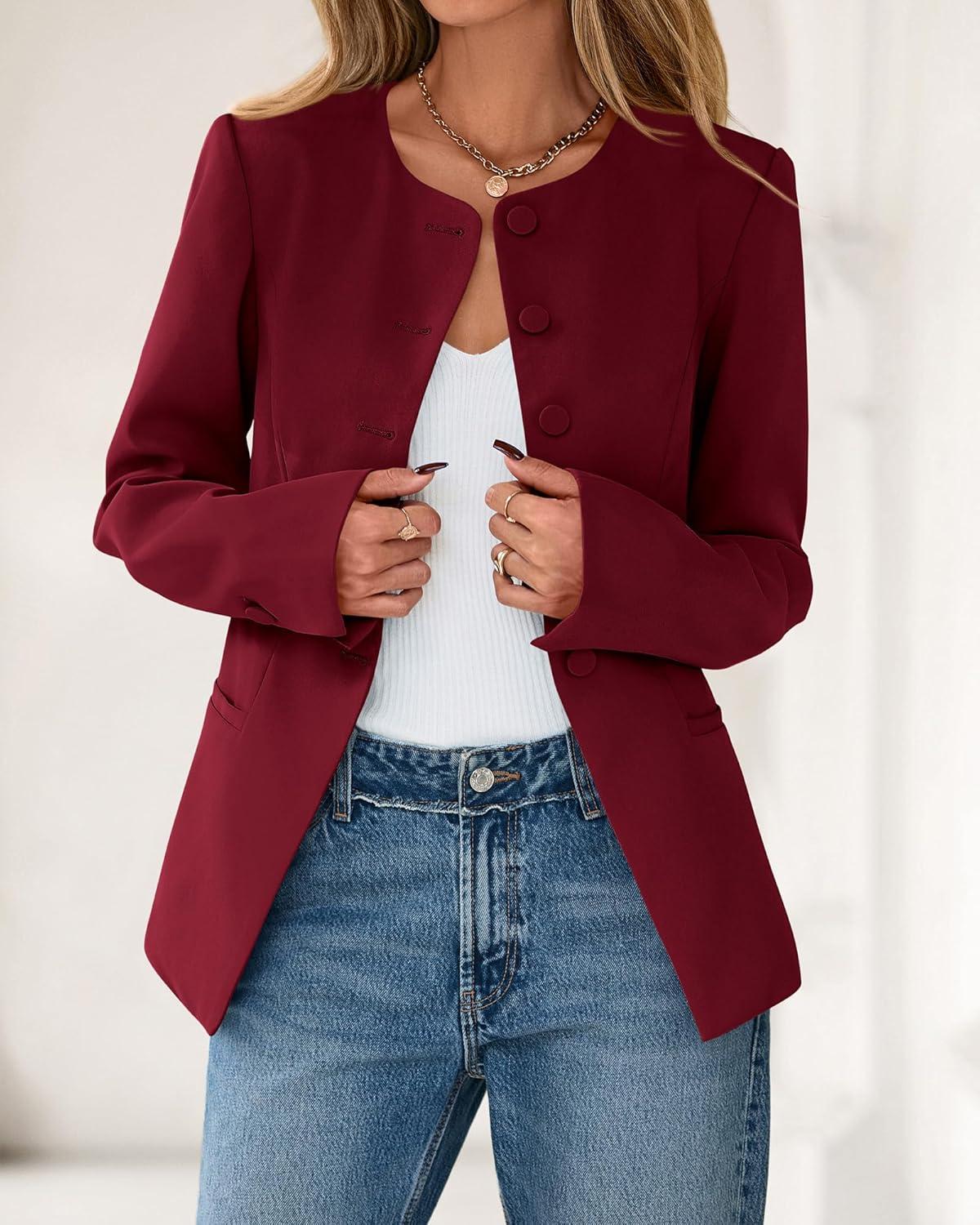 imageBTFBM Blazers for Women Business Casual Open Front Long Sleeve Button Work Office Suit Jackets Dressy Blazer PocketsBurgundy
