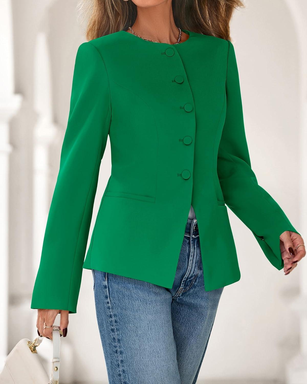 imageBTFBM Blazers for Women Business Casual Open Front Long Sleeve Button Work Office Suit Jackets Dressy Blazer PocketsGreen
