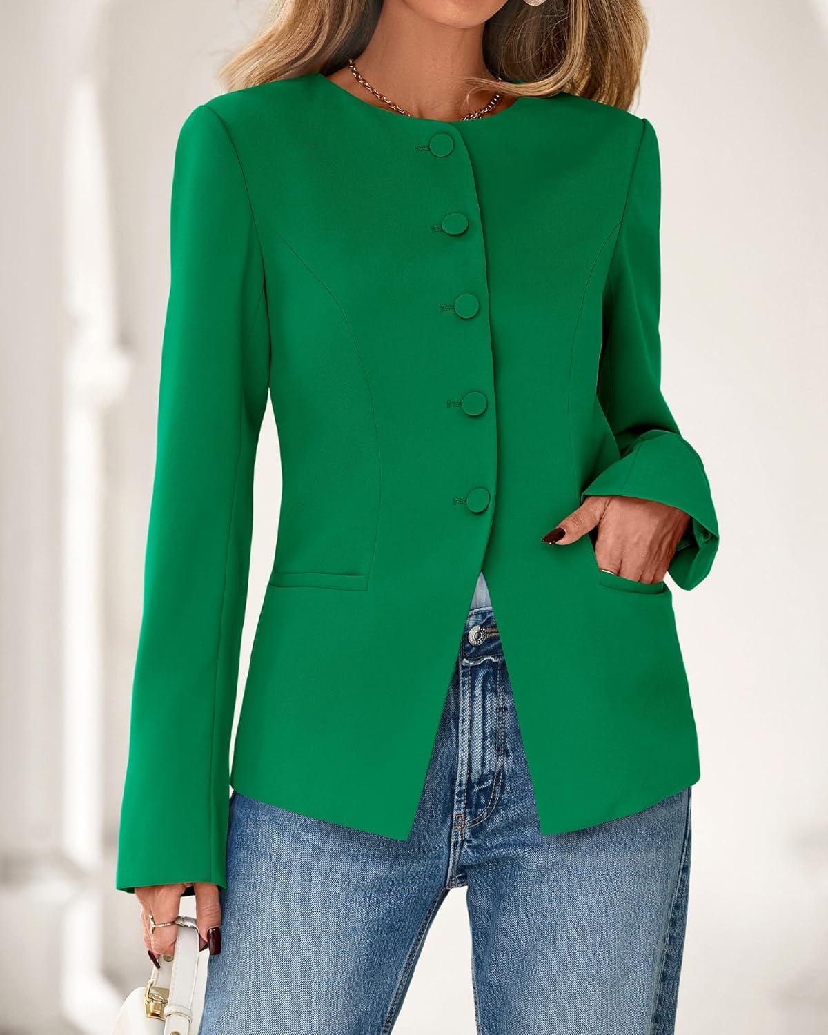 imageBTFBM Blazers for Women Business Casual Open Front Long Sleeve Button Work Office Suit Jackets Dressy Blazer PocketsGreen