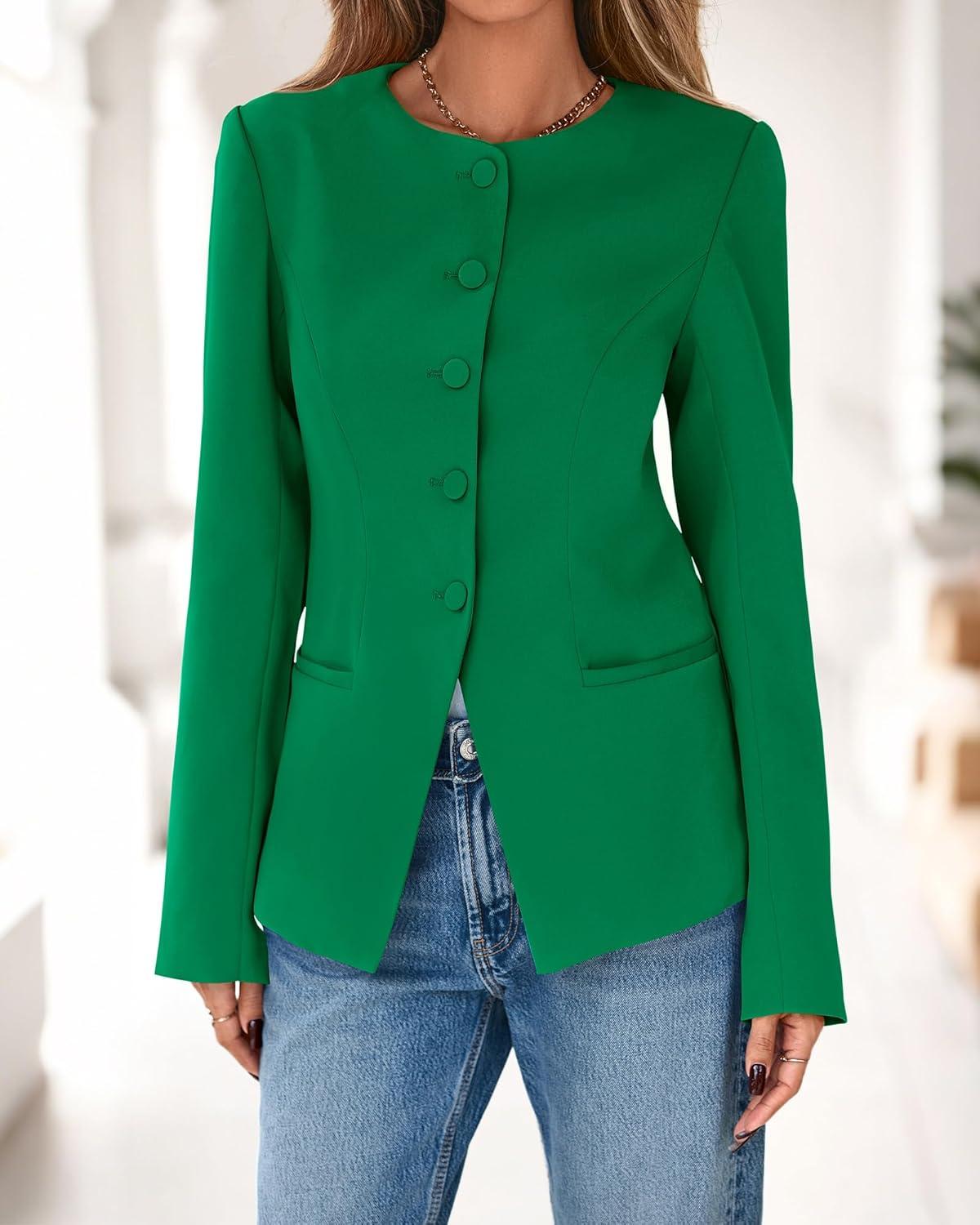 imageBTFBM Blazers for Women Business Casual Open Front Long Sleeve Button Work Office Suit Jackets Dressy Blazer PocketsGreen