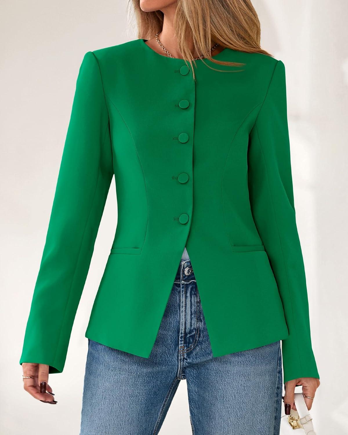 imageBTFBM Blazers for Women Business Casual Open Front Long Sleeve Button Work Office Suit Jackets Dressy Blazer PocketsGreen
