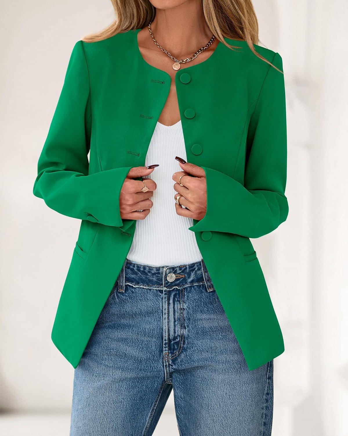 imageBTFBM Blazers for Women Business Casual Open Front Long Sleeve Button Work Office Suit Jackets Dressy Blazer PocketsGreen