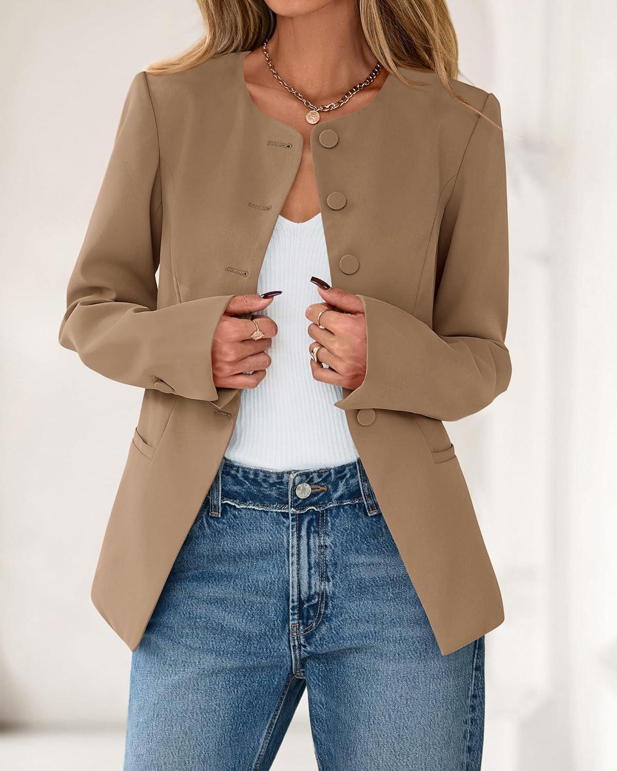 imageBTFBM Blazers for Women Business Casual Open Front Long Sleeve Button Work Office Suit Jackets Dressy Blazer PocketsKhaki