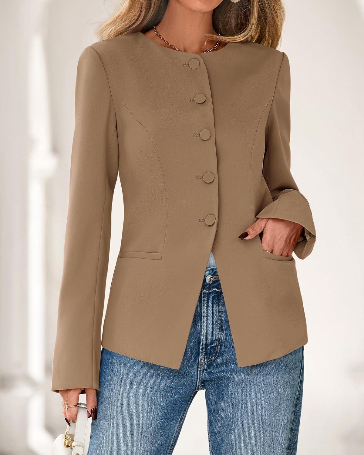 imageBTFBM Blazers for Women Business Casual Open Front Long Sleeve Button Work Office Suit Jackets Dressy Blazer PocketsKhaki