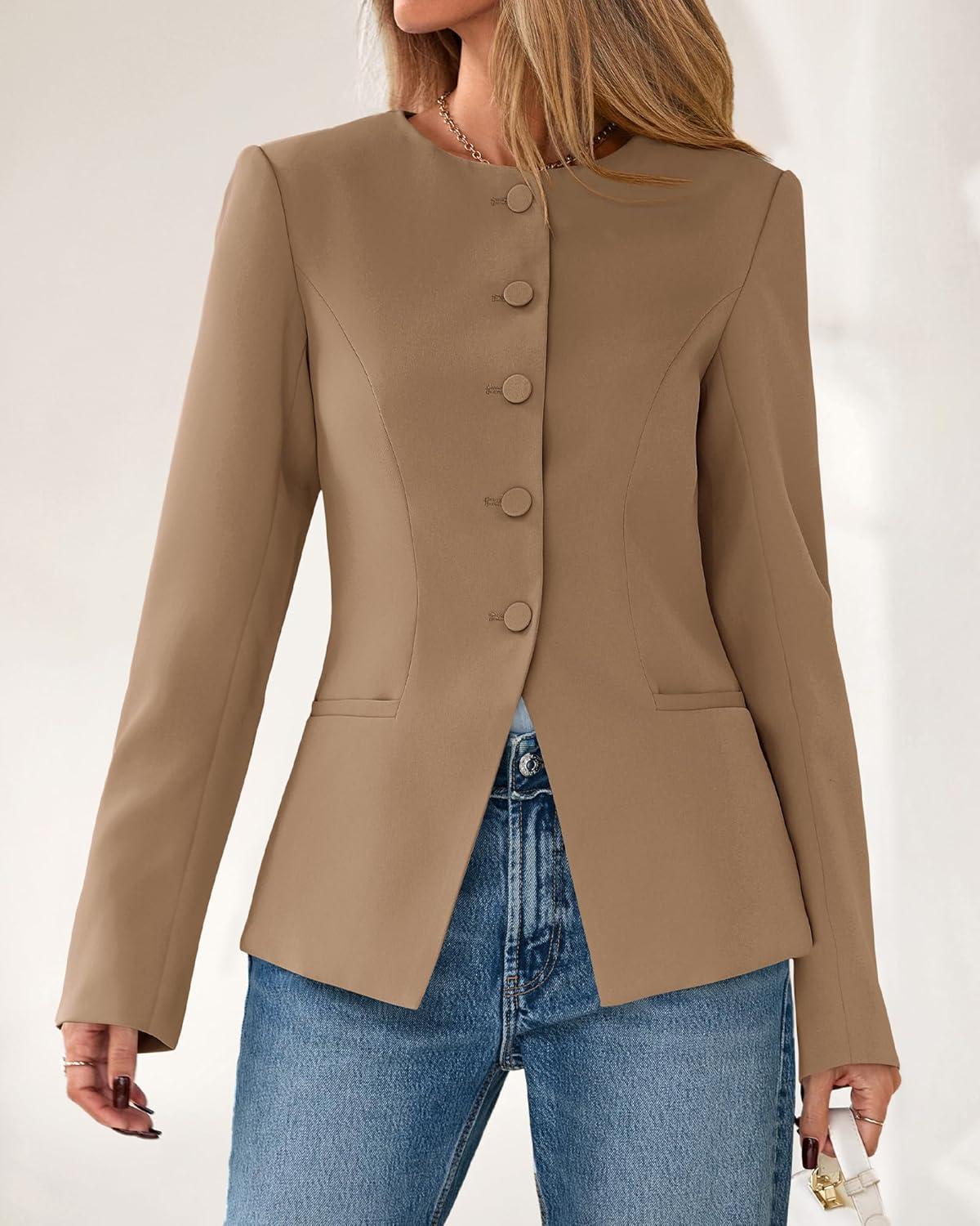 imageBTFBM Blazers for Women Business Casual Open Front Long Sleeve Button Work Office Suit Jackets Dressy Blazer PocketsKhaki