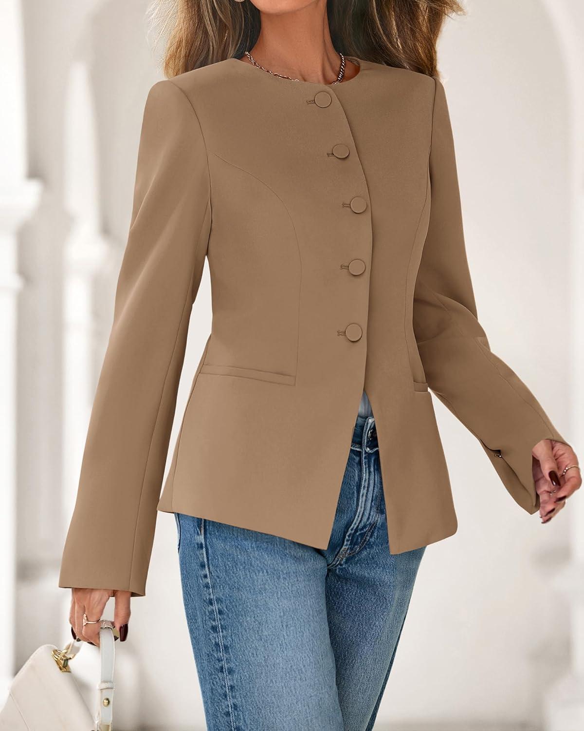 imageBTFBM Blazers for Women Business Casual Open Front Long Sleeve Button Work Office Suit Jackets Dressy Blazer PocketsKhaki