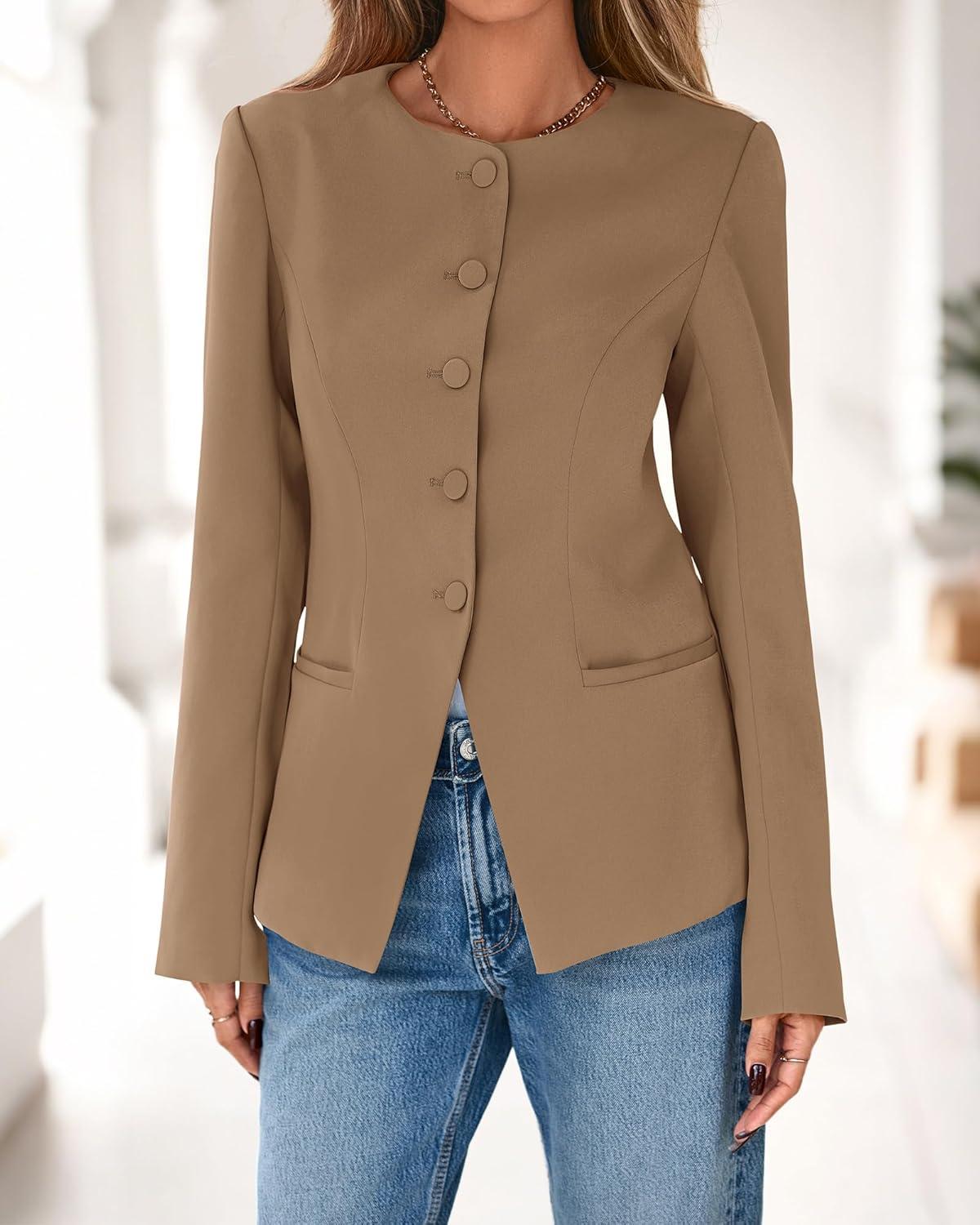 imageBTFBM Blazers for Women Business Casual Open Front Long Sleeve Button Work Office Suit Jackets Dressy Blazer PocketsKhaki