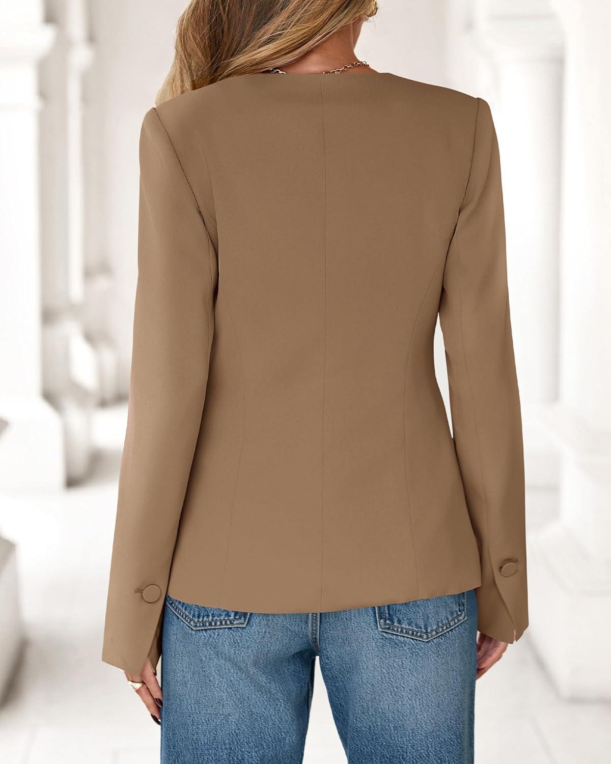 imageBTFBM Blazers for Women Business Casual Open Front Long Sleeve Button Work Office Suit Jackets Dressy Blazer PocketsKhaki