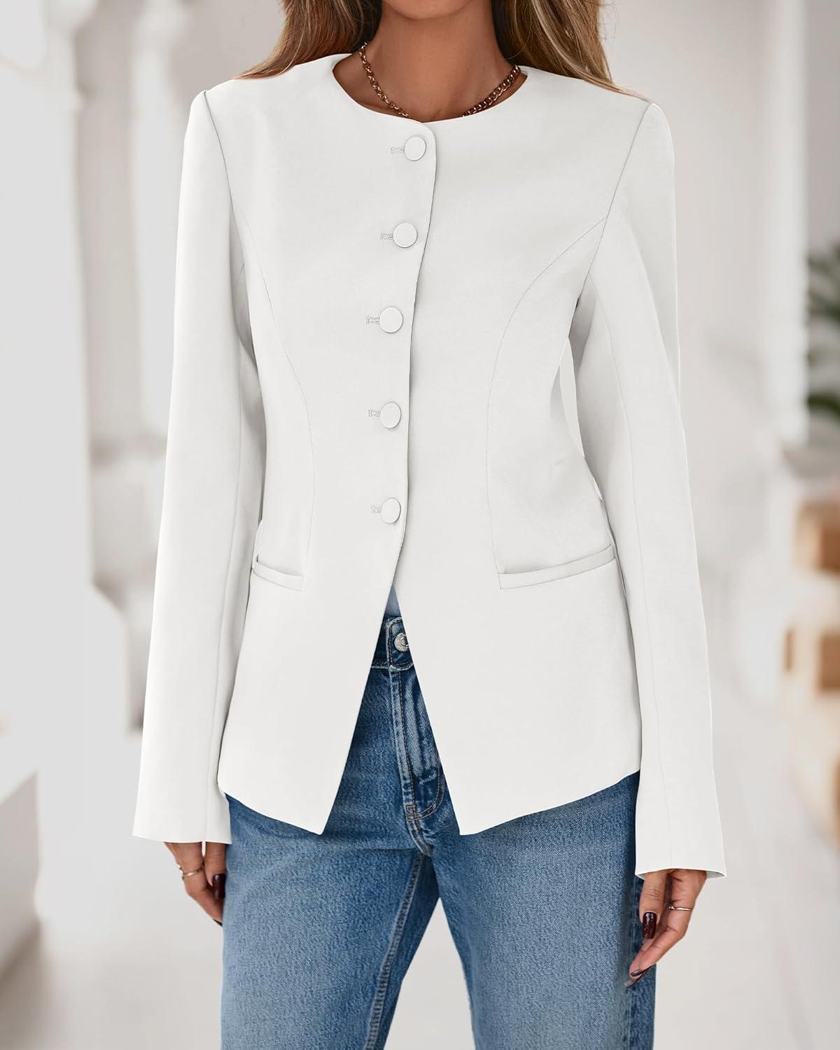 imageBTFBM Blazers for Women Business Casual Open Front Long Sleeve Button Work Office Suit Jackets Dressy Blazer PocketsWhite