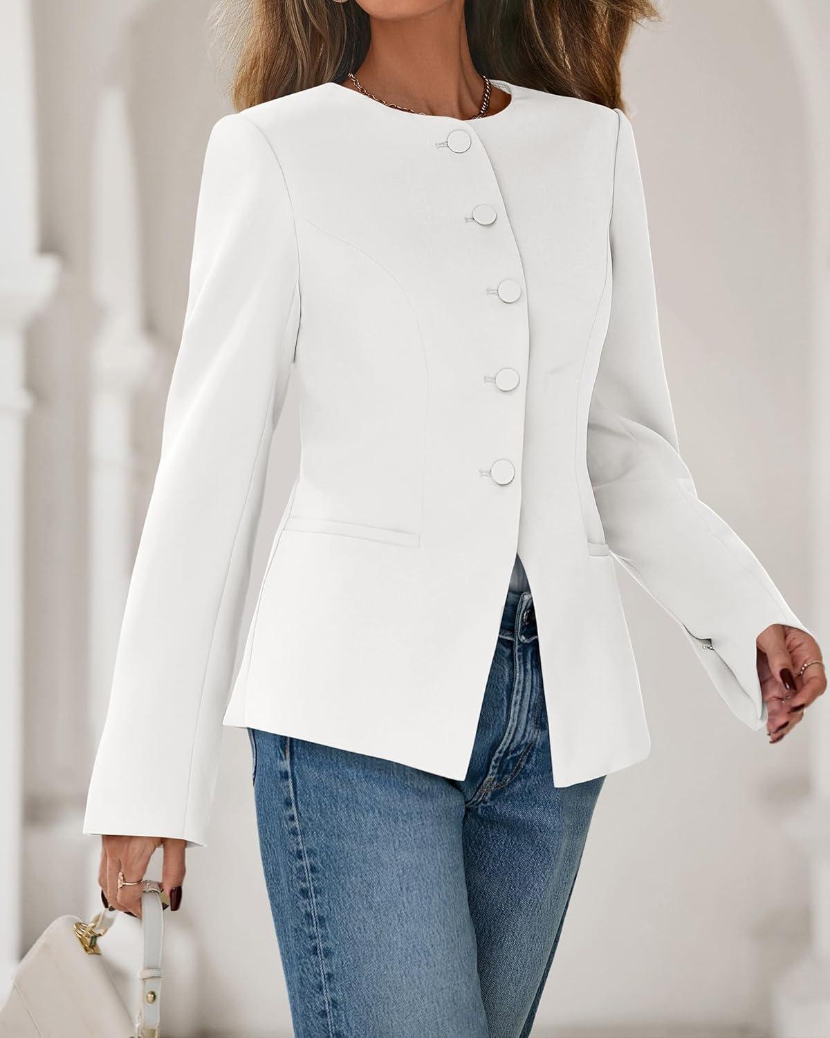 imageBTFBM Blazers for Women Business Casual Open Front Long Sleeve Button Work Office Suit Jackets Dressy Blazer PocketsWhite