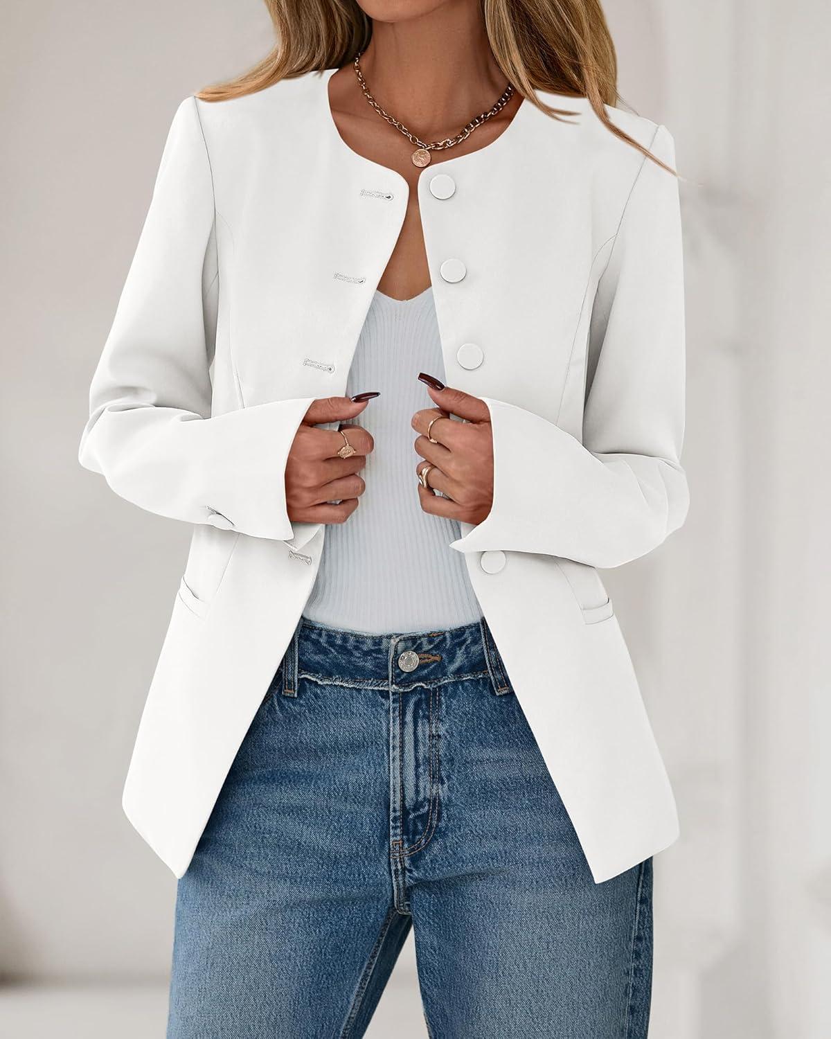 imageBTFBM Blazers for Women Business Casual Open Front Long Sleeve Button Work Office Suit Jackets Dressy Blazer PocketsWhite