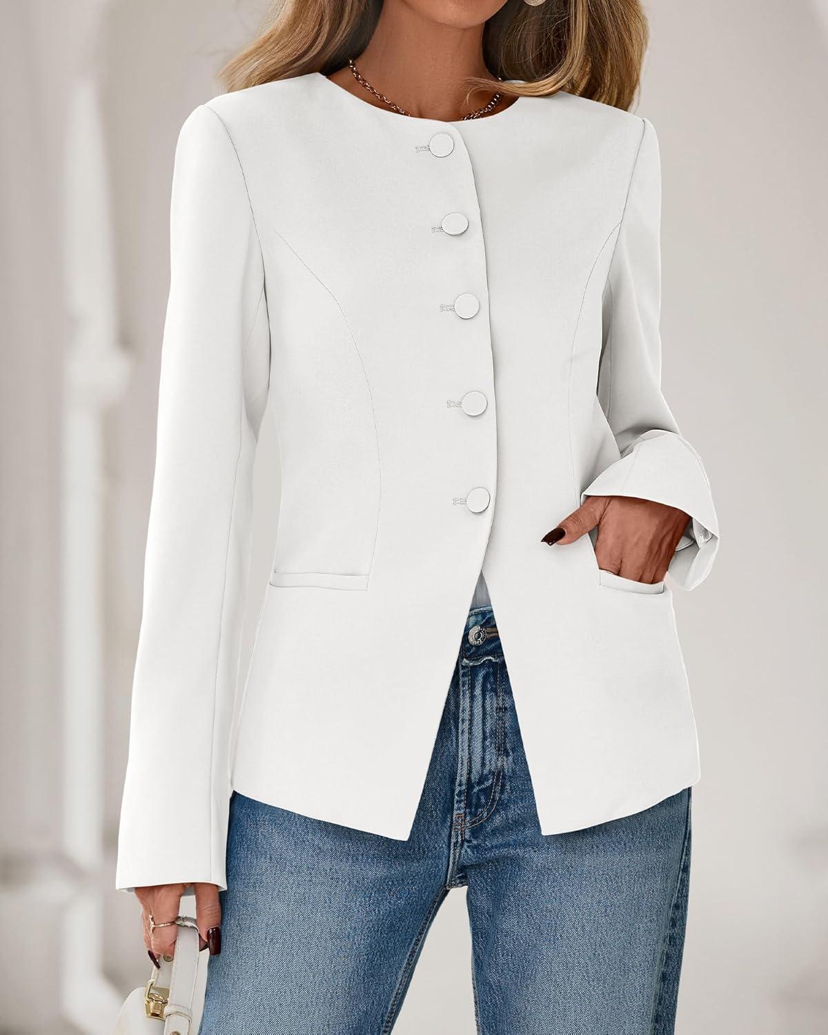 imageBTFBM Blazers for Women Business Casual Open Front Long Sleeve Button Work Office Suit Jackets Dressy Blazer PocketsWhite