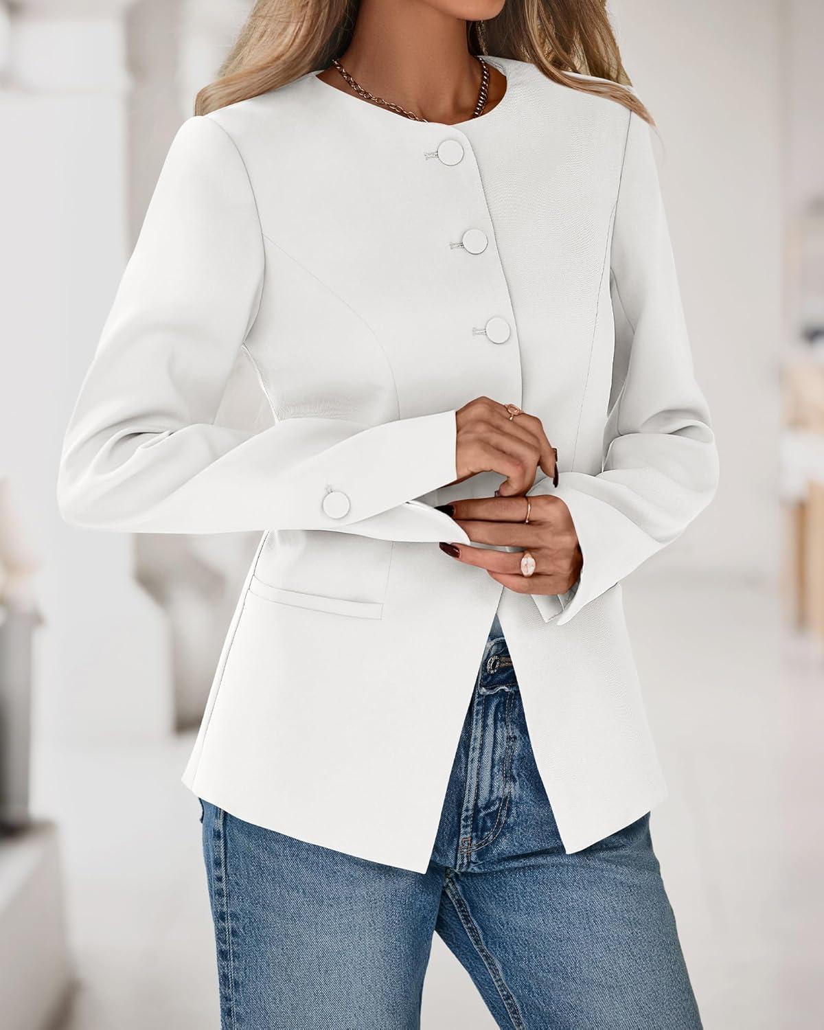 imageBTFBM Blazers for Women Business Casual Open Front Long Sleeve Button Work Office Suit Jackets Dressy Blazer PocketsWhite