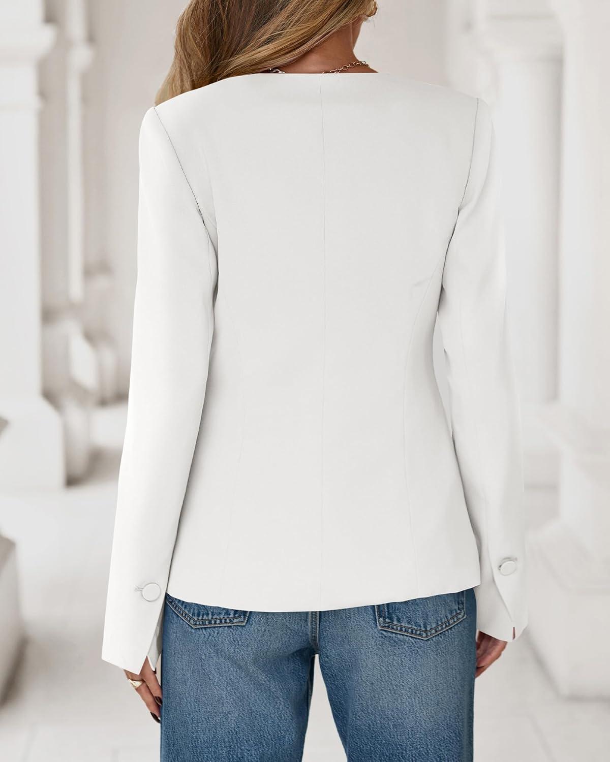 imageBTFBM Blazers for Women Business Casual Open Front Long Sleeve Button Work Office Suit Jackets Dressy Blazer PocketsWhite