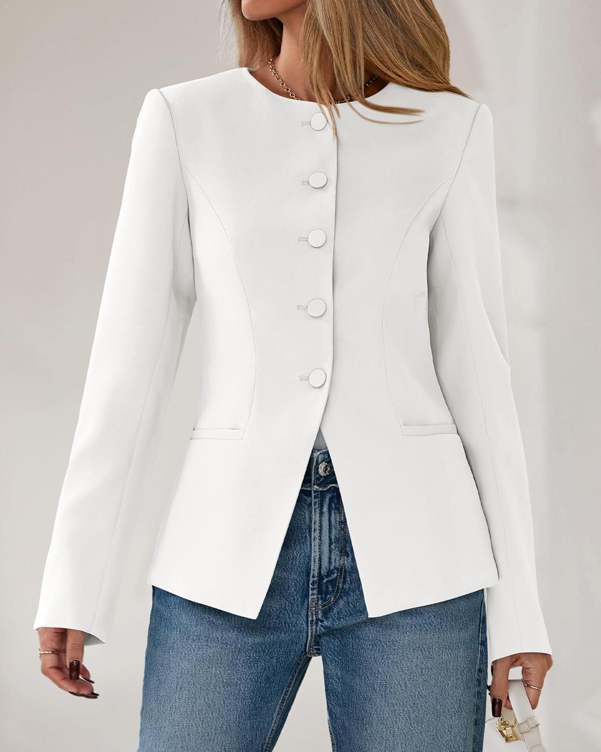 imageBTFBM Blazers for Women Business Casual Open Front Long Sleeve Button Work Office Suit Jackets Dressy Blazer PocketsWhite