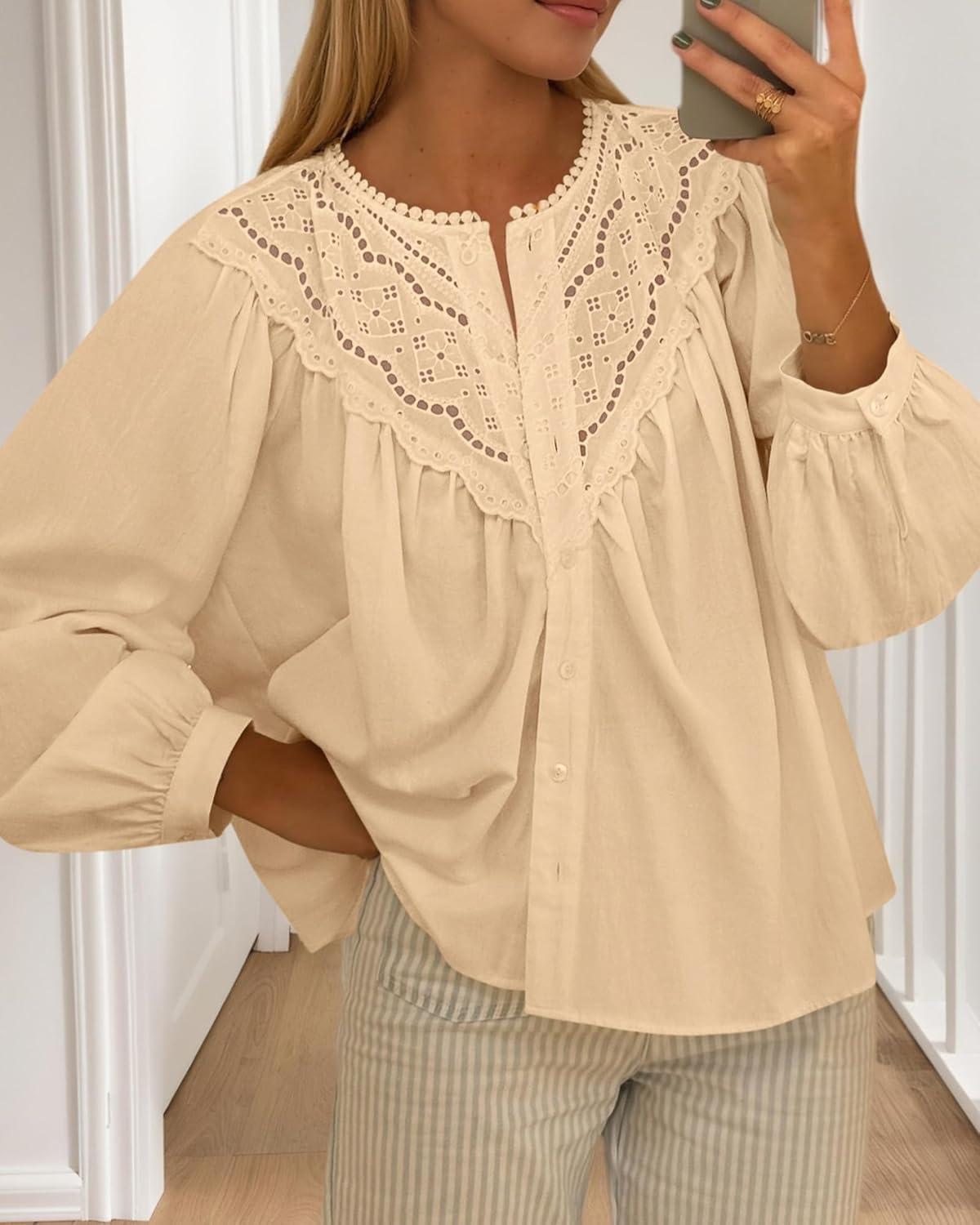 imageBTFBM Blouses for Women Dressy Casual Fall Clothes 2025 Long Sleeve Tops Lace Flowy Babydoll Button Down ShirtsApricot