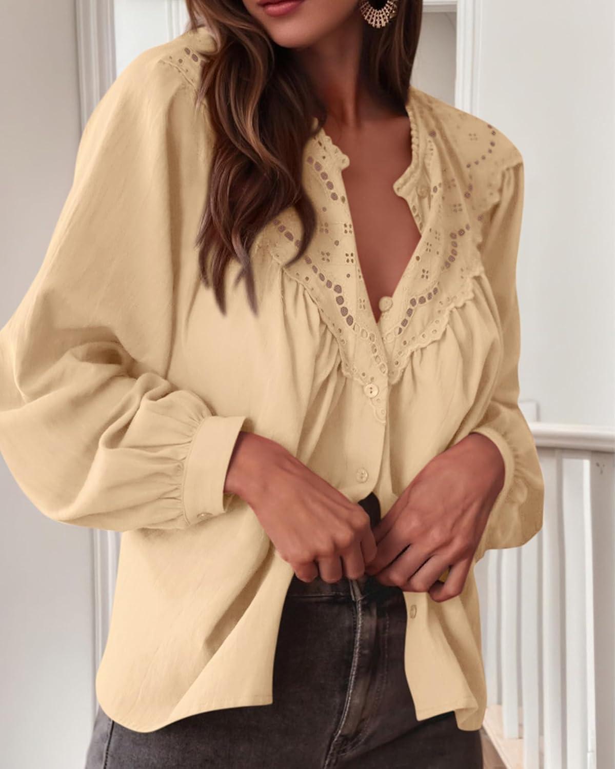 imageBTFBM Blouses for Women Dressy Casual Fall Clothes 2025 Long Sleeve Tops Lace Flowy Babydoll Button Down ShirtsApricot
