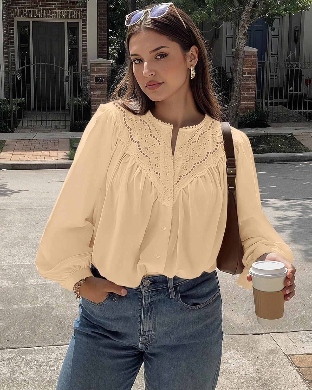imageBTFBM Blouses for Women Dressy Casual Fall Clothes 2025 Long Sleeve Tops Lace Flowy Babydoll Button Down ShirtsApricot