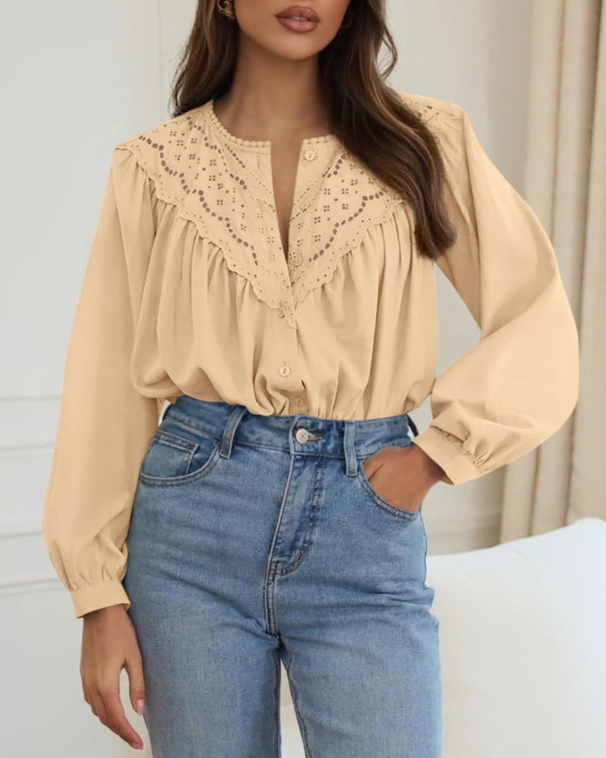 imageBTFBM Blouses for Women Dressy Casual Fall Clothes 2025 Long Sleeve Tops Lace Flowy Babydoll Button Down ShirtsApricot