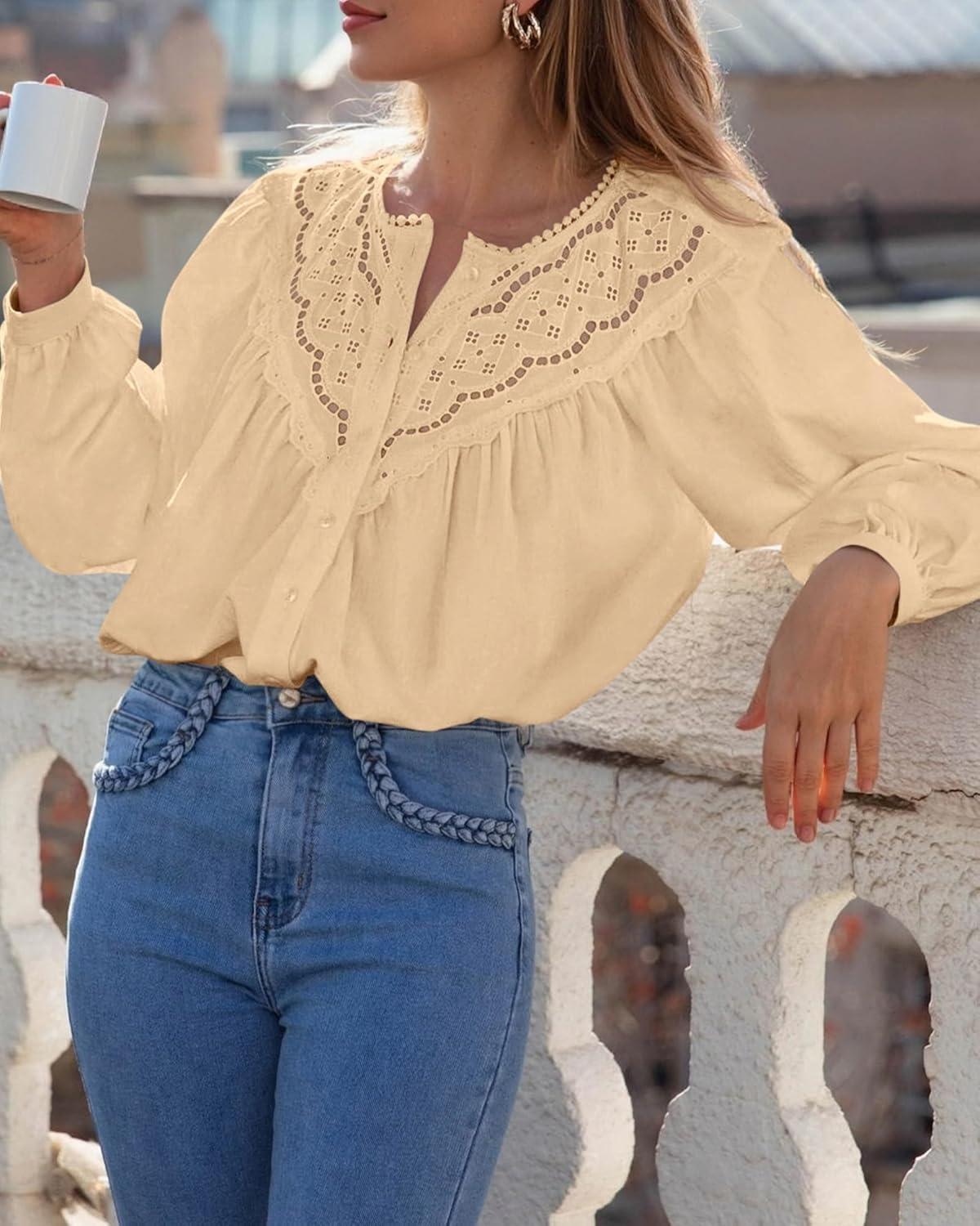 imageBTFBM Blouses for Women Dressy Casual Fall Clothes 2025 Long Sleeve Tops Lace Flowy Babydoll Button Down ShirtsApricot