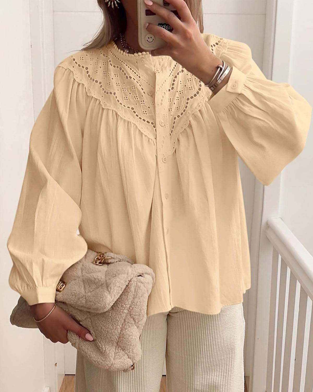 imageBTFBM Blouses for Women Dressy Casual Fall Clothes 2025 Long Sleeve Tops Lace Flowy Babydoll Button Down ShirtsApricot