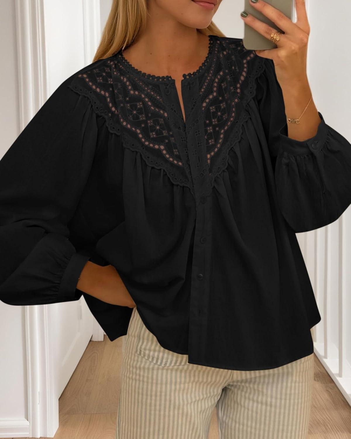 imageBTFBM Blouses for Women Dressy Casual Fall Clothes 2025 Long Sleeve Tops Lace Flowy Babydoll Button Down ShirtsBlack