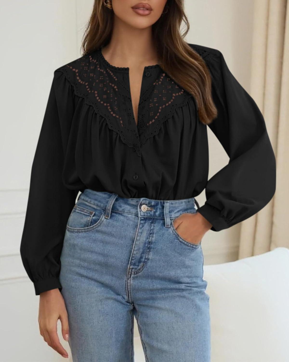 imageBTFBM Blouses for Women Dressy Casual Fall Clothes 2025 Long Sleeve Tops Lace Flowy Babydoll Button Down ShirtsBlack