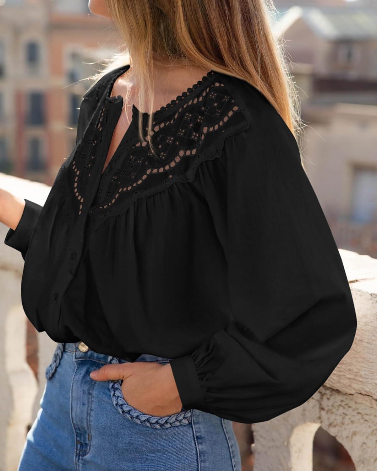 imageBTFBM Blouses for Women Dressy Casual Fall Clothes 2025 Long Sleeve Tops Lace Flowy Babydoll Button Down ShirtsBlack