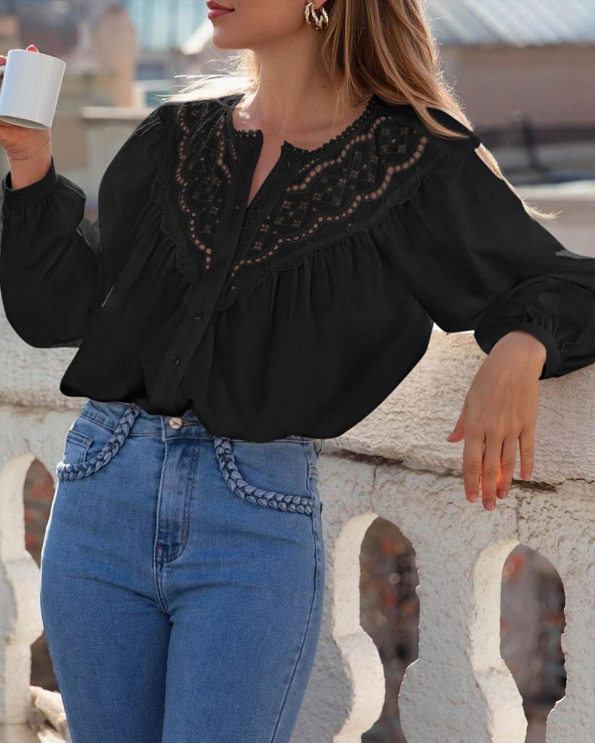 imageBTFBM Blouses for Women Dressy Casual Fall Clothes 2025 Long Sleeve Tops Lace Flowy Babydoll Button Down ShirtsBlack