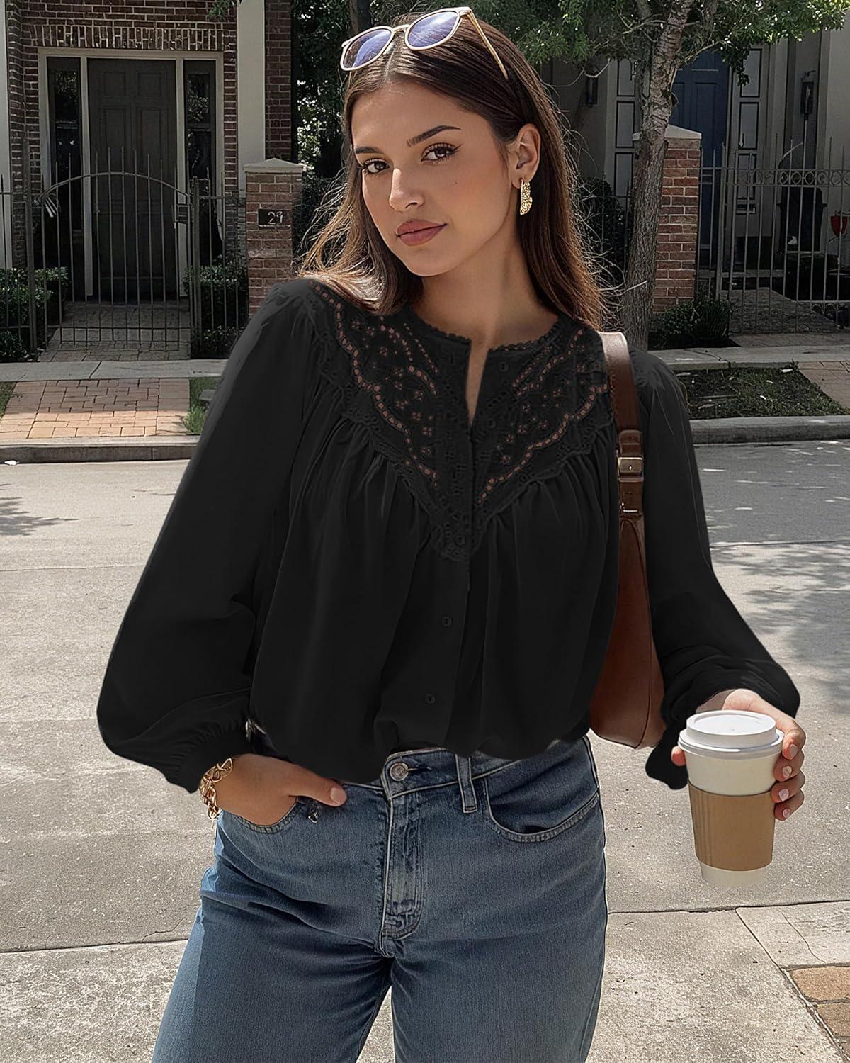 imageBTFBM Blouses for Women Dressy Casual Fall Clothes 2025 Long Sleeve Tops Lace Flowy Babydoll Button Down ShirtsBlack