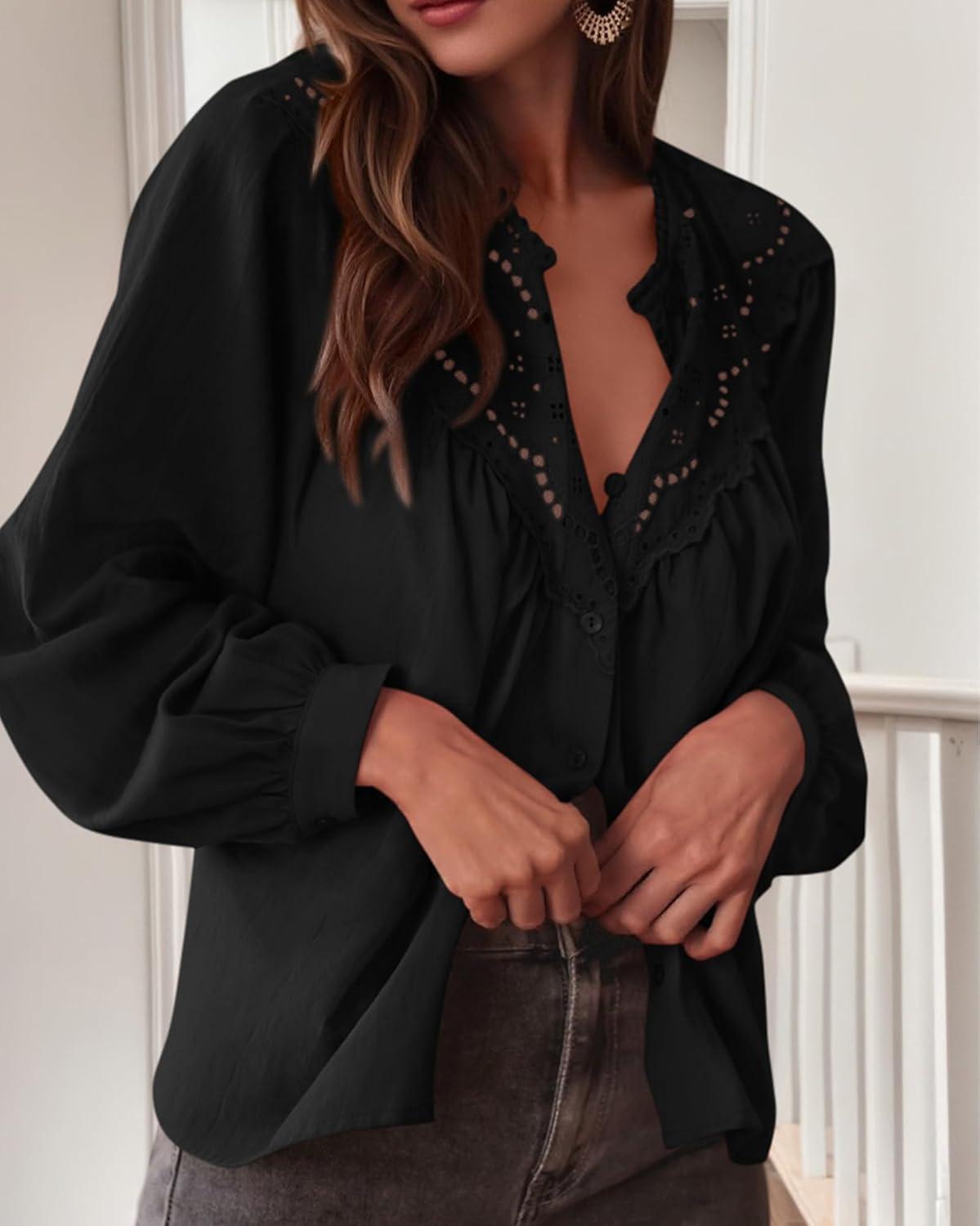 imageBTFBM Blouses for Women Dressy Casual Fall Clothes 2025 Long Sleeve Tops Lace Flowy Babydoll Button Down ShirtsBlack