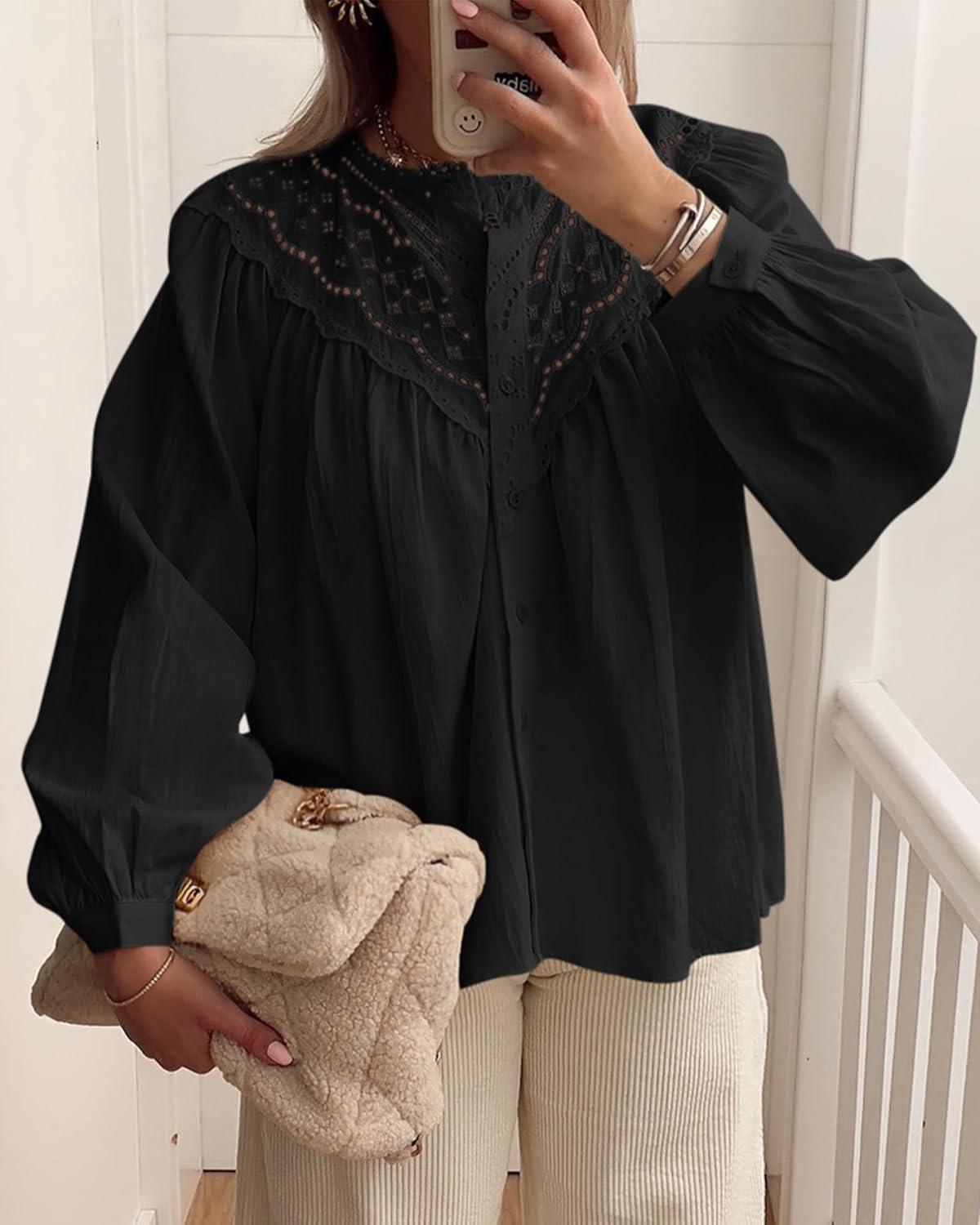 imageBTFBM Blouses for Women Dressy Casual Fall Clothes 2025 Long Sleeve Tops Lace Flowy Babydoll Button Down ShirtsBlack