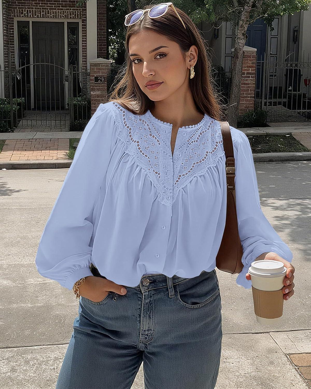 imageBTFBM Blouses for Women Dressy Casual Fall Clothes 2025 Long Sleeve Tops Lace Flowy Babydoll Button Down ShirtsLight Blue