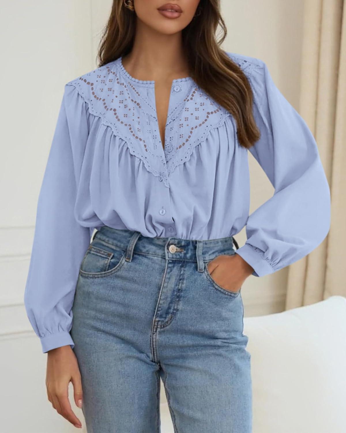 imageBTFBM Blouses for Women Dressy Casual Fall Clothes 2025 Long Sleeve Tops Lace Flowy Babydoll Button Down ShirtsLight Blue