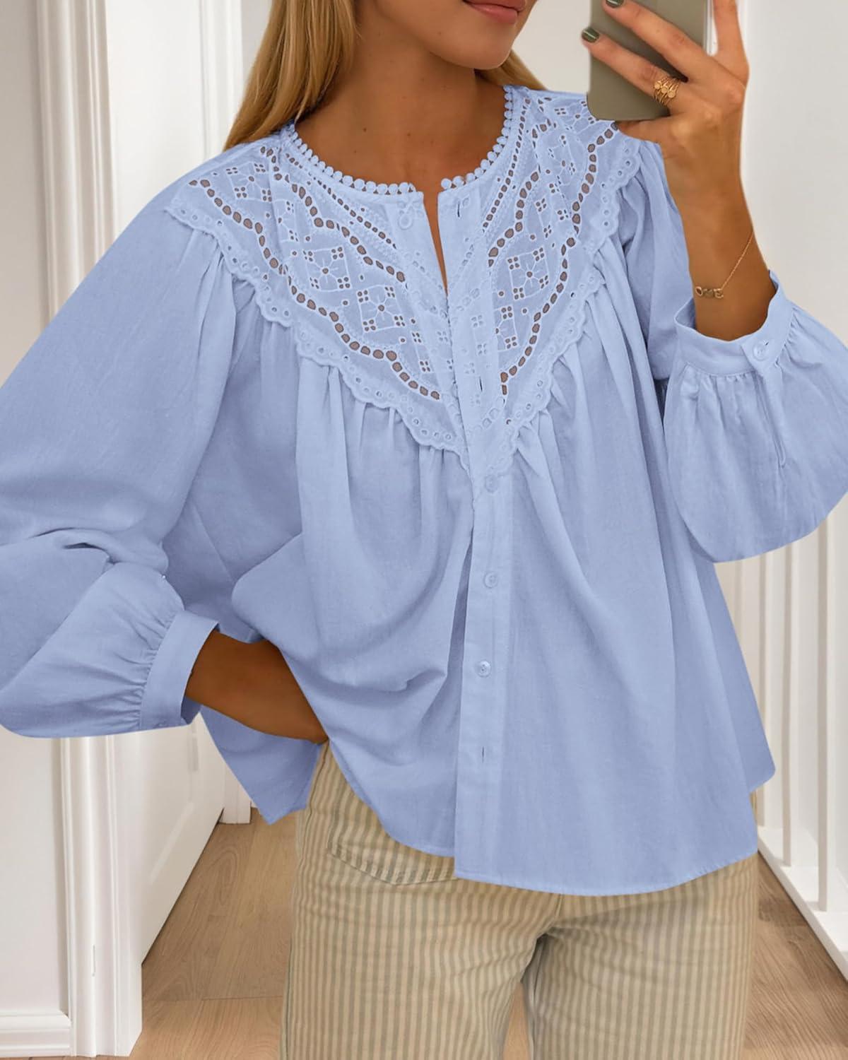 imageBTFBM Blouses for Women Dressy Casual Fall Clothes 2025 Long Sleeve Tops Lace Flowy Babydoll Button Down ShirtsLight Blue