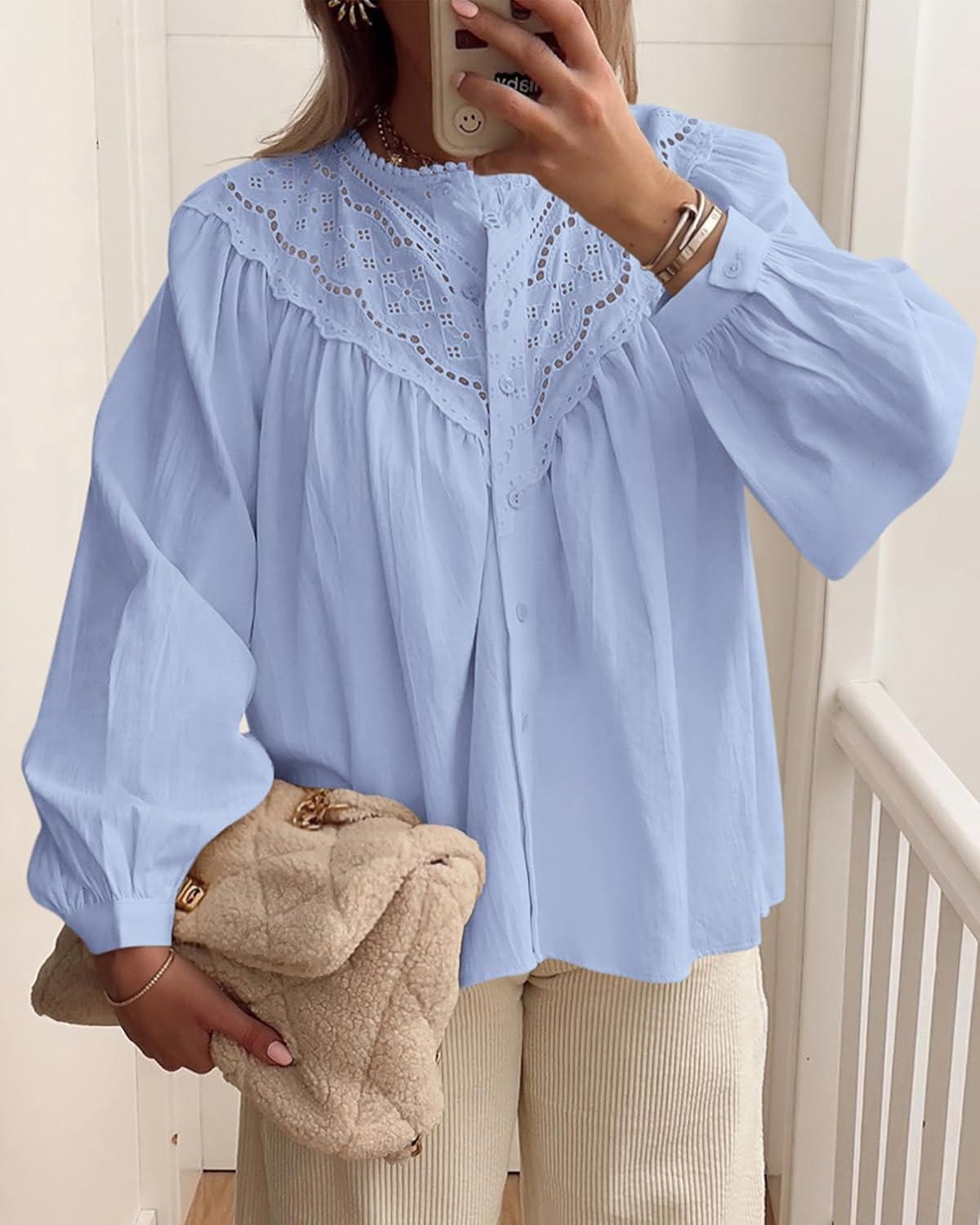 imageBTFBM Blouses for Women Dressy Casual Fall Clothes 2025 Long Sleeve Tops Lace Flowy Babydoll Button Down ShirtsLight Blue