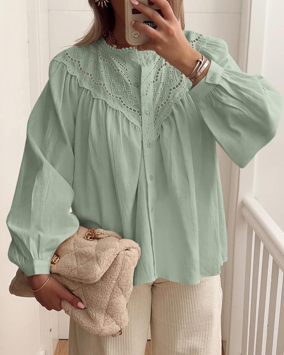 imageBTFBM Blouses for Women Dressy Casual Fall Clothes 2025 Long Sleeve Tops Lace Flowy Babydoll Button Down ShirtsLight Green