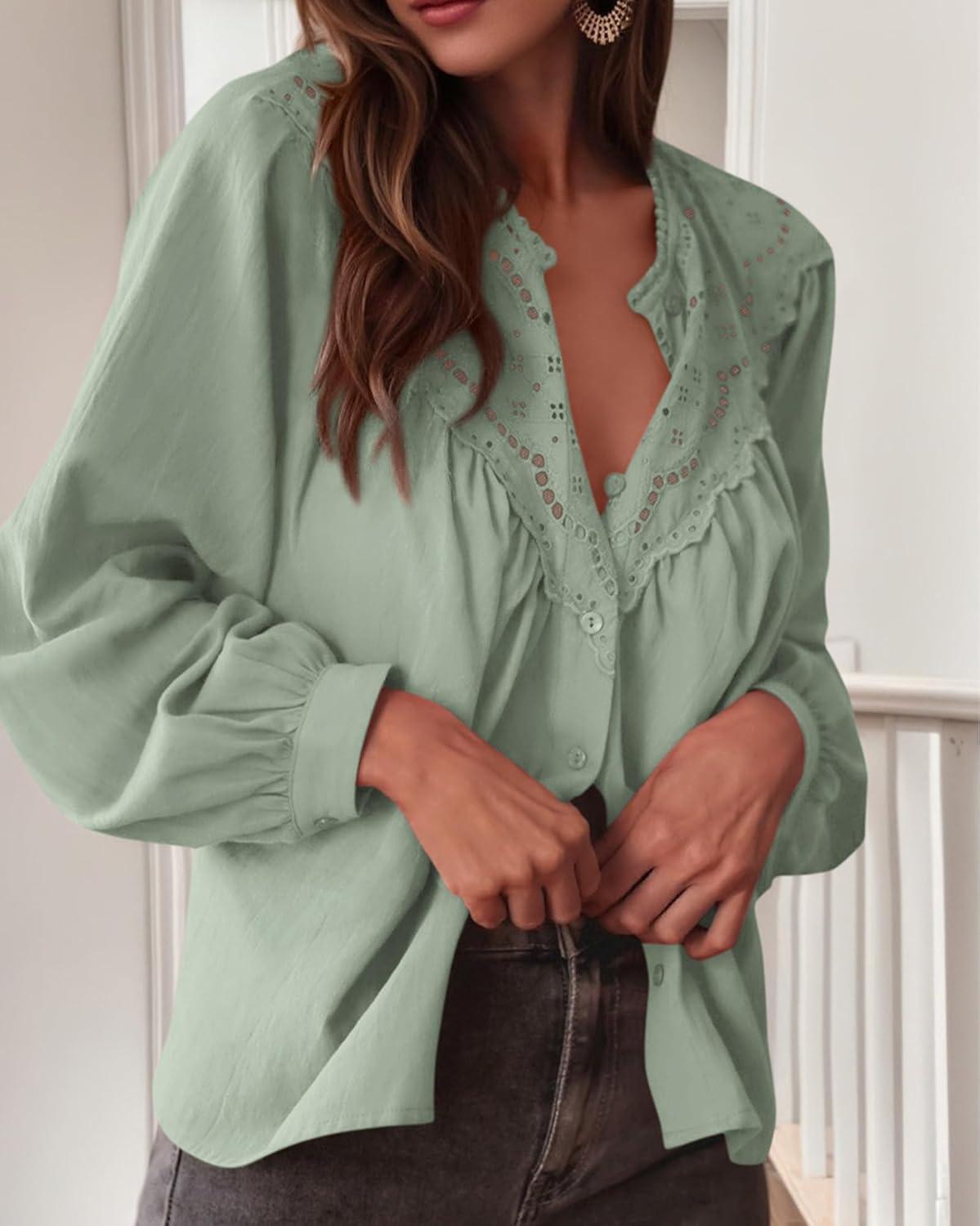 imageBTFBM Blouses for Women Dressy Casual Fall Clothes 2025 Long Sleeve Tops Lace Flowy Babydoll Button Down ShirtsLight Green