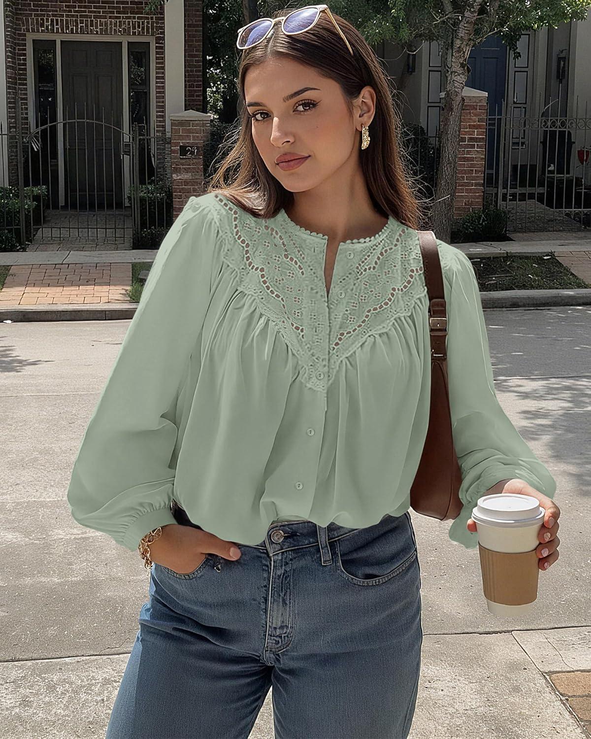 imageBTFBM Blouses for Women Dressy Casual Fall Clothes 2025 Long Sleeve Tops Lace Flowy Babydoll Button Down ShirtsLight Green