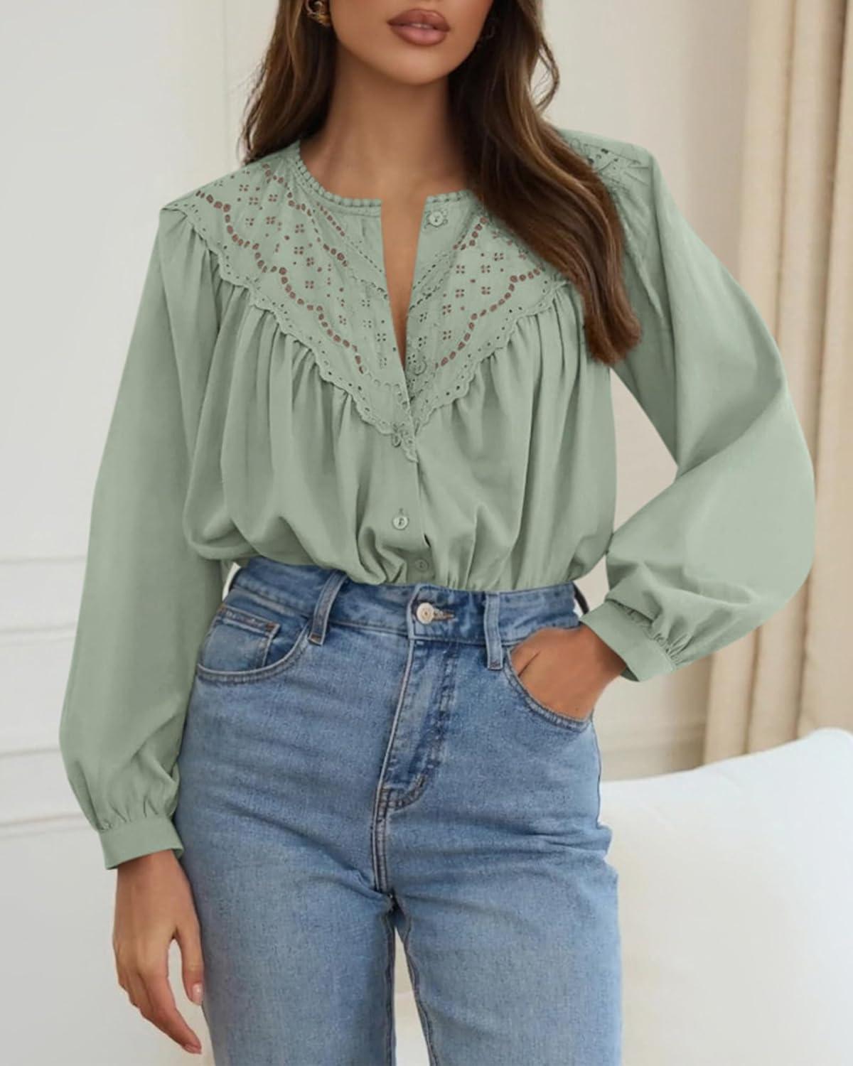 imageBTFBM Blouses for Women Dressy Casual Fall Clothes 2025 Long Sleeve Tops Lace Flowy Babydoll Button Down ShirtsLight Green