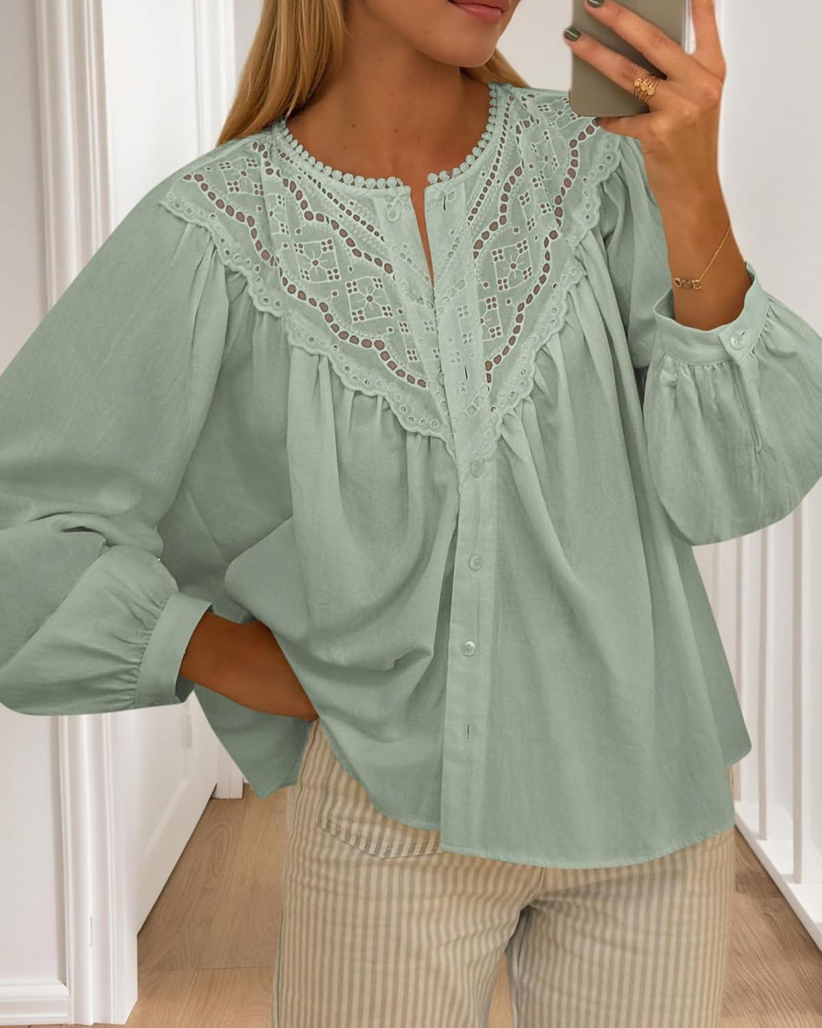 imageBTFBM Blouses for Women Dressy Casual Fall Clothes 2025 Long Sleeve Tops Lace Flowy Babydoll Button Down ShirtsLight Green
