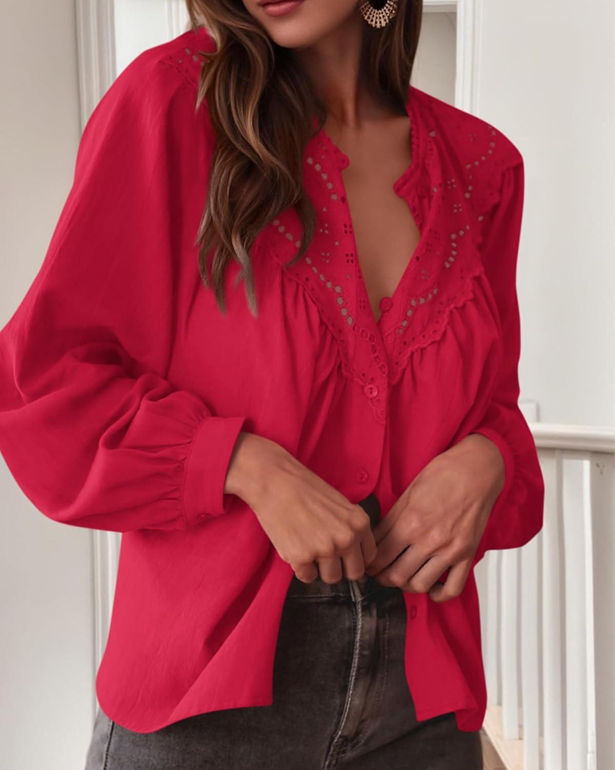 imageBTFBM Blouses for Women Dressy Casual Fall Clothes 2025 Long Sleeve Tops Lace Flowy Babydoll Button Down ShirtsRed