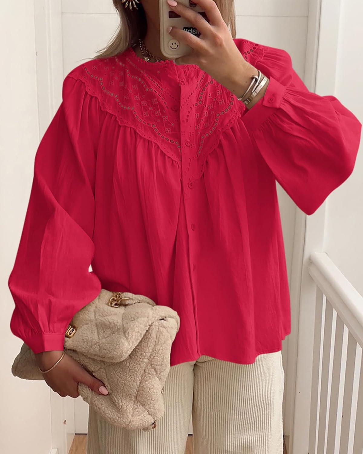 imageBTFBM Blouses for Women Dressy Casual Fall Clothes 2025 Long Sleeve Tops Lace Flowy Babydoll Button Down ShirtsRed