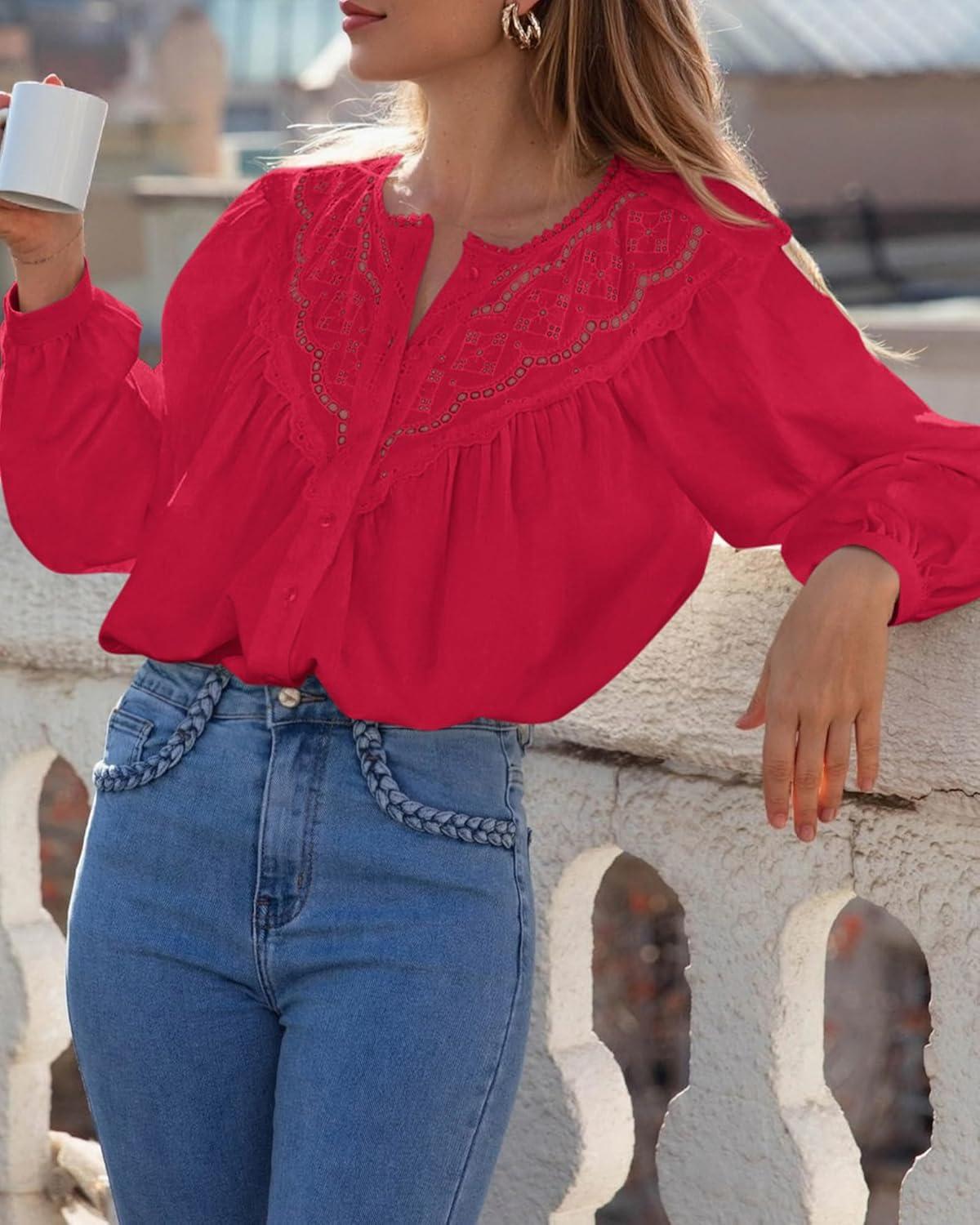 imageBTFBM Blouses for Women Dressy Casual Fall Clothes 2025 Long Sleeve Tops Lace Flowy Babydoll Button Down ShirtsRed