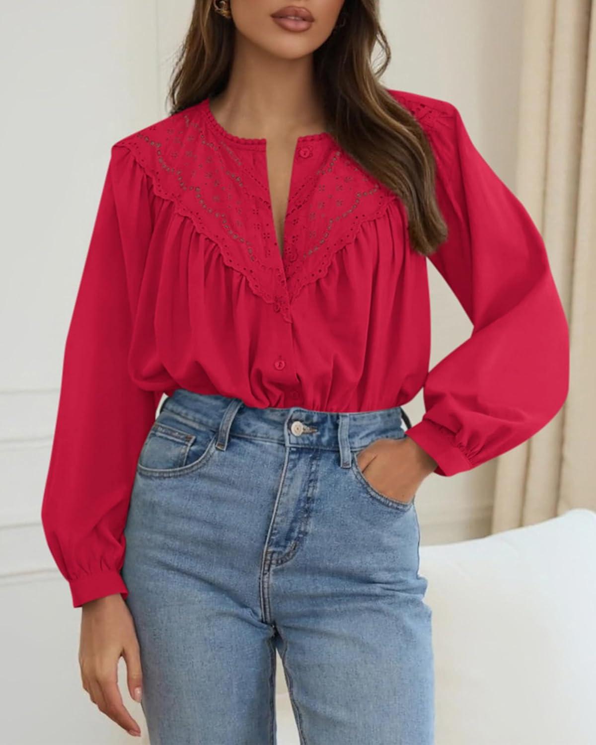 imageBTFBM Blouses for Women Dressy Casual Fall Clothes 2025 Long Sleeve Tops Lace Flowy Babydoll Button Down ShirtsRed