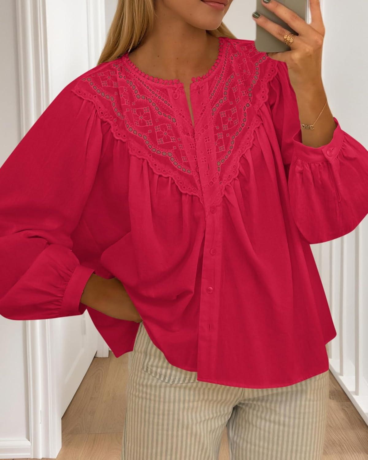 imageBTFBM Blouses for Women Dressy Casual Fall Clothes 2025 Long Sleeve Tops Lace Flowy Babydoll Button Down ShirtsRed